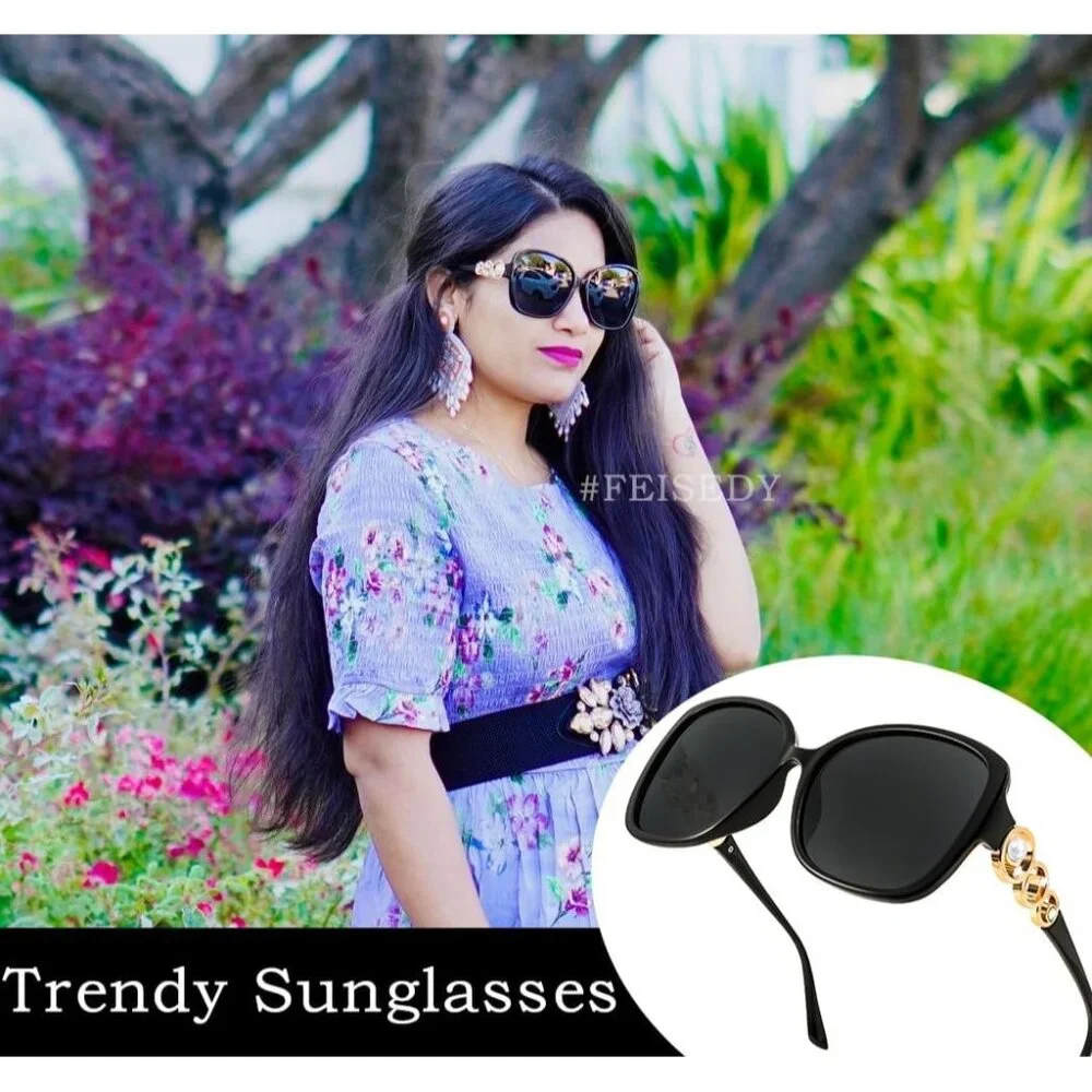 Womens Fashion Sunglasses Square Frame With Pearl Sparkling Eyes Protection
